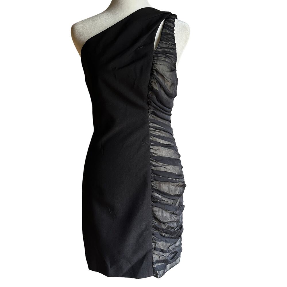 BLACK HALO | Black Shirred Detail One Shoulder Architectural Cocktail Dress | 4